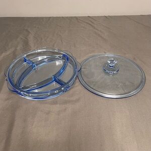 VTG HTF Indiana Glass Concord Divided Candy Dish W/ Lid Blue 10x10x3.5”